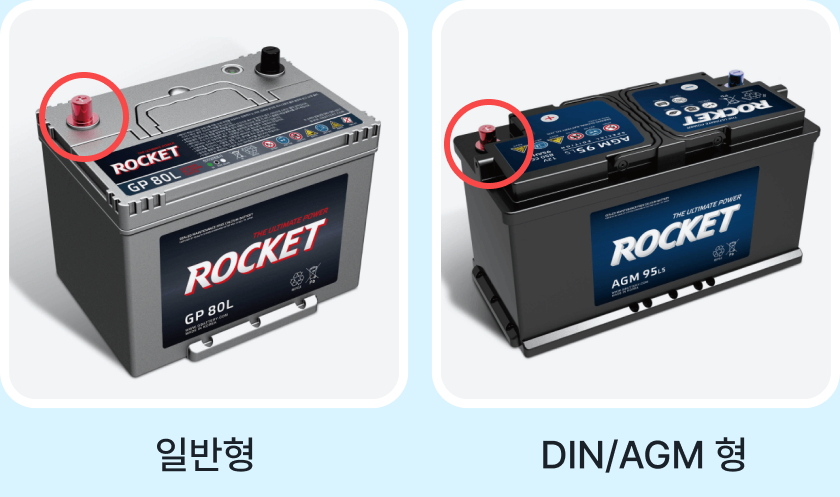 일반형 배터리와 DIN/AGM형 배터리 단자 비교
